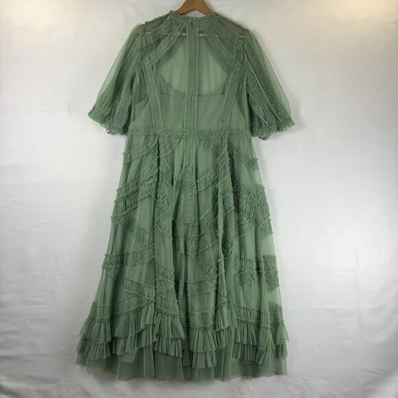 Mac Duggal 8058 Green High Neck Micro Ruffle Tiered Midi Dress Jade Sage - Picture 6 of 7